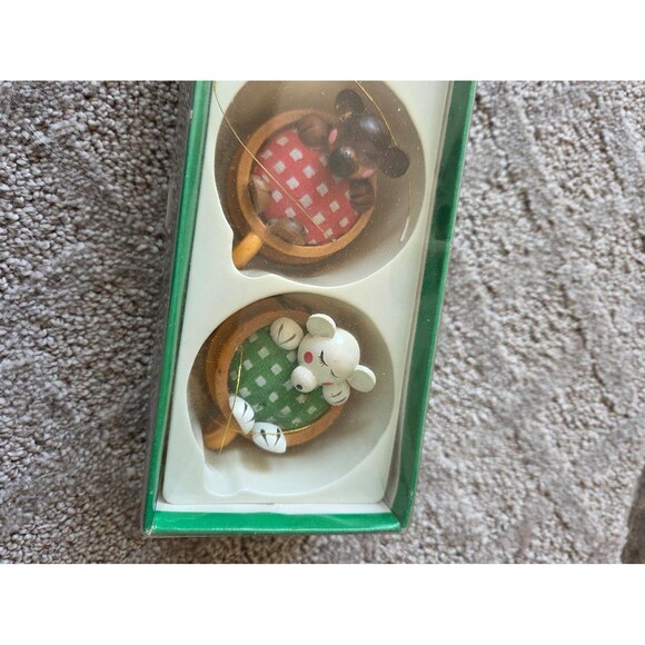 Vintage Wooden Mouse Ornament Set – 3 Miniature Mice in Teacups - Picture 3 of 4